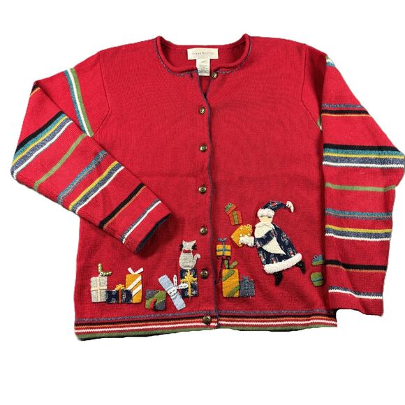 Susan Bristol Women Vintage Cardigan Sweater Christmas Santa Cats Medium I151 - Picture 1 of 9